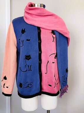 C.J. Banks Cat Embroidered Colorblock Cardigan Sweater Scarf Set 1X